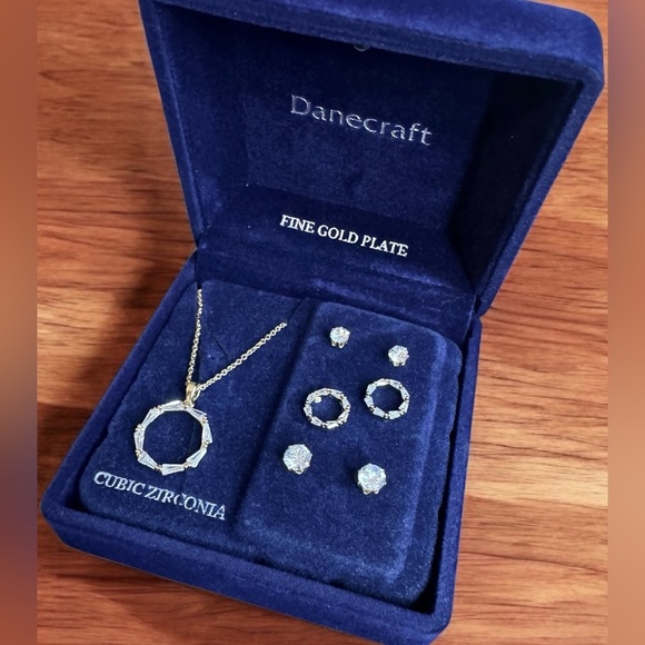 Danecraft Cubic Zirconia Circle Pendant & 3 Pair Stud Earring Set - Picture 1 of 15